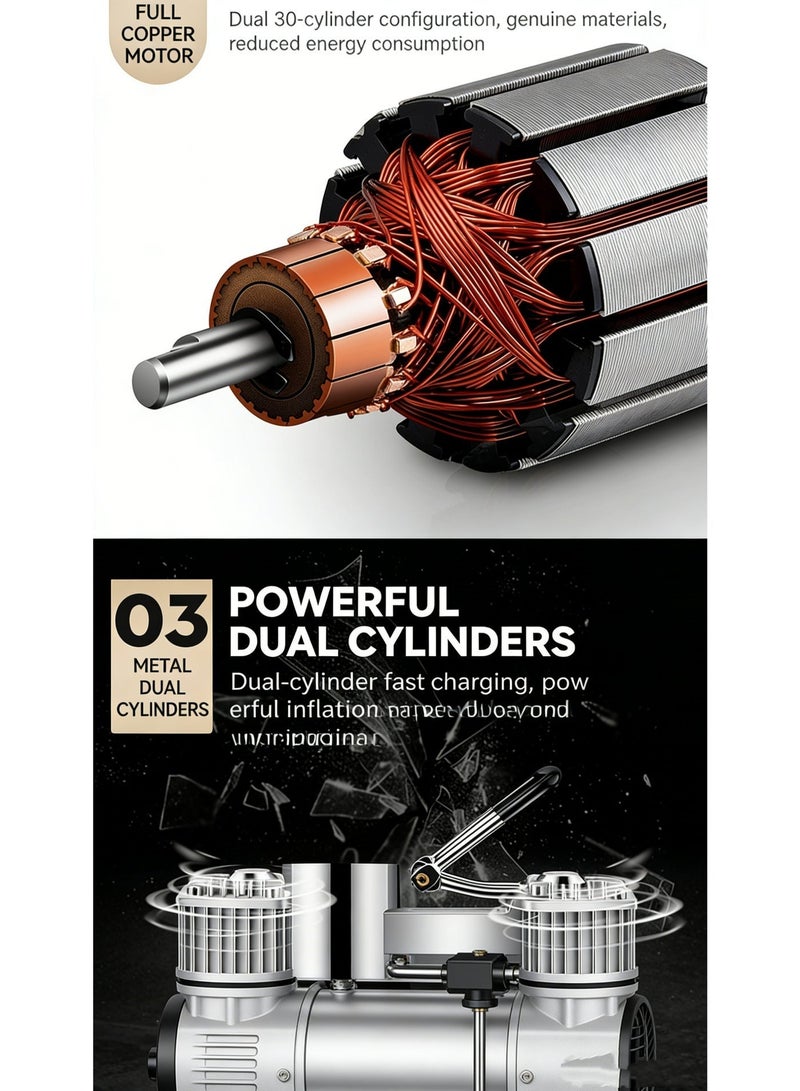 Dual-Cylinder Analog Air Compressor with Metal Housing & Tool Kit – 150PSI Car Tire Inflator with LED Light, 3m Hose & Battery Clamps for SUV, Truck, Bike, Ball, Mattress - Image 4